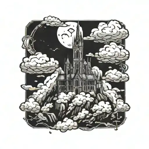dark evil  gothic catherdral sitting on the clouds with a starcase leading to i tattoo design idea