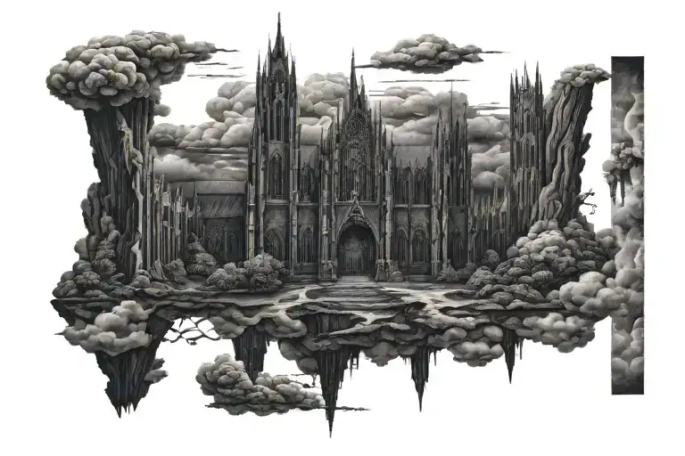 dark evil gothic cathedral in a hell scape  sitting on the clouds with a starcase leading to it tattoo design idea