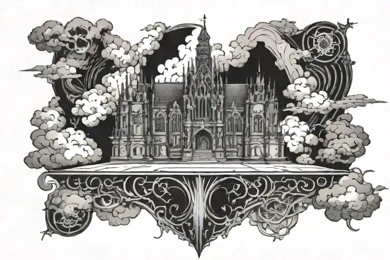 dark gothic catherdral in a hell scape  sitting on the clouds with a starcase leading to it tattoo design idea