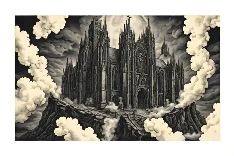dark evil gothic cathedral in a hell scape  sitting on the clouds with a starcase leading to it tattoo design idea