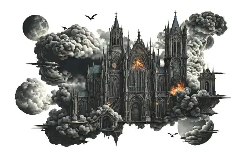 dark evil gothic cathedral in a hell scape  sitting on the clouds with a starcase leading to it tattoo design idea