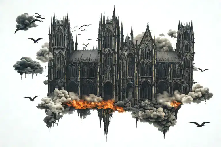 dark evil gothic cathedral in a hell scape  sitting on the clouds with a starcase leading to it tattoo design idea