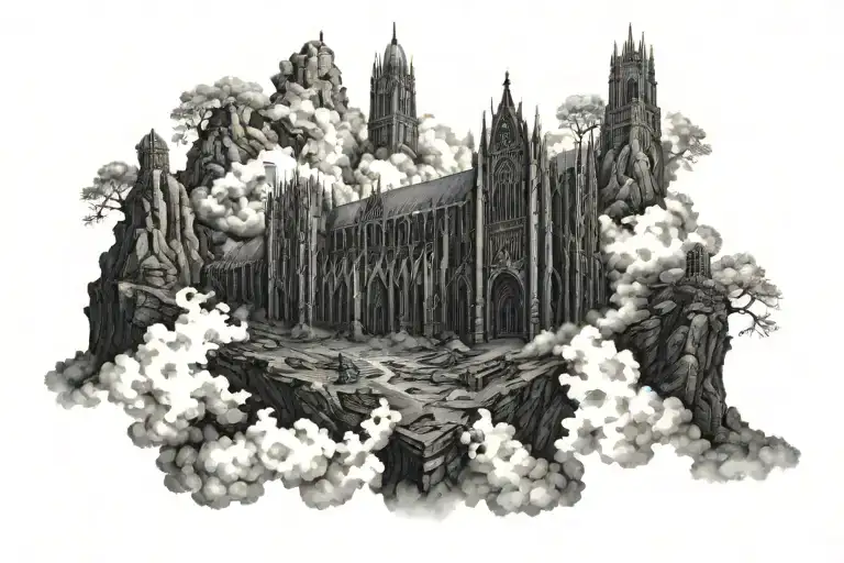 dark evil gothic cathedral in a hell scape  sitting on the clouds with a starcase leading to it tattoo design idea