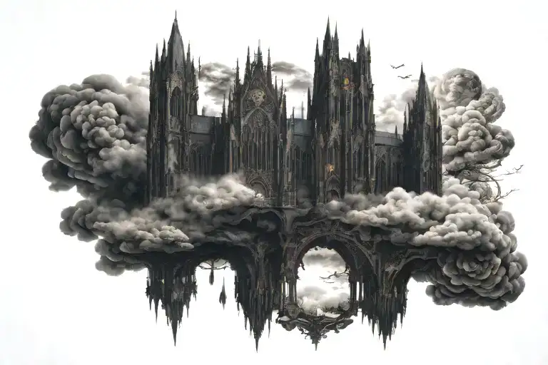 dark evil gothic cathedral in a hell scape  sitting on the clouds with a starcase leading to it tattoo design idea