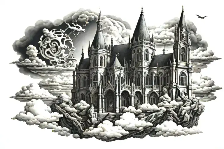 dark gothic catherdral in a hell scape  sitting on the clouds with a starcase leading to it tattoo design idea