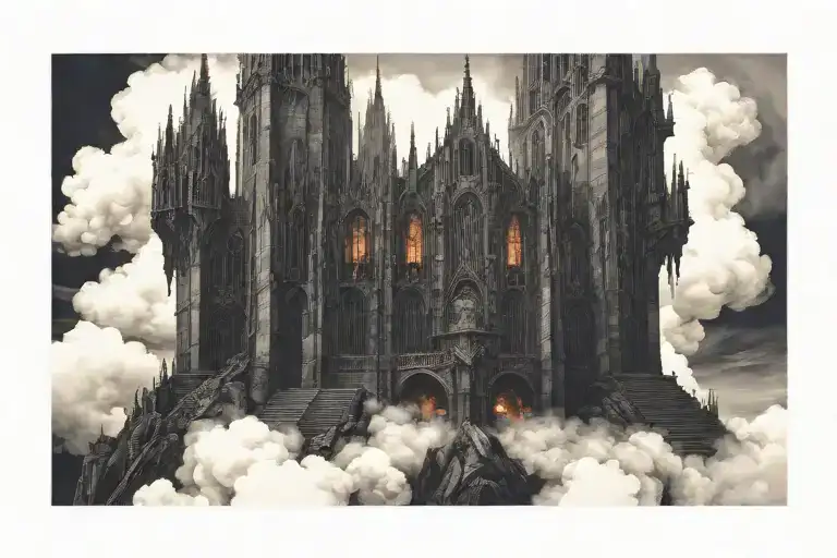 dark evil gothic cathedral in a hell scape  sitting on the clouds with a starcase leading to it tattoo design idea