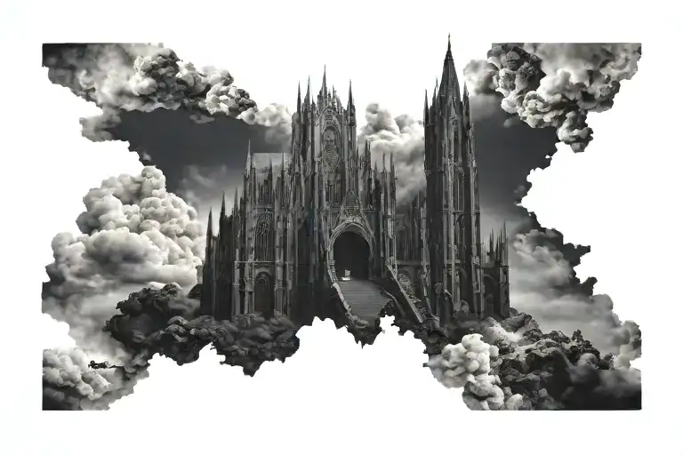 dark evil gothic cathedral in a hell scape  sitting on the clouds with a starcase leading to it tattoo design idea