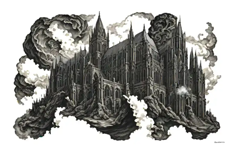 dark evil gothic cathedral in a hell scape  sitting on the clouds with a starcase leading to it tattoo design idea