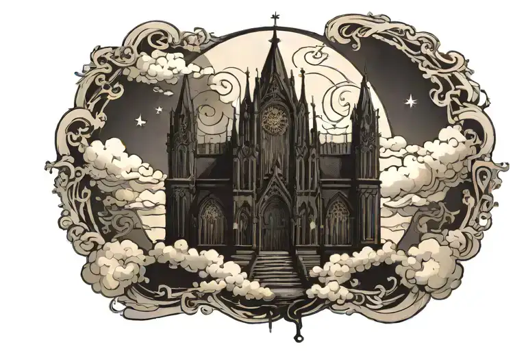 dark gothic catherdral sitting on the clouds with a starcase leading to it tattoo design idea