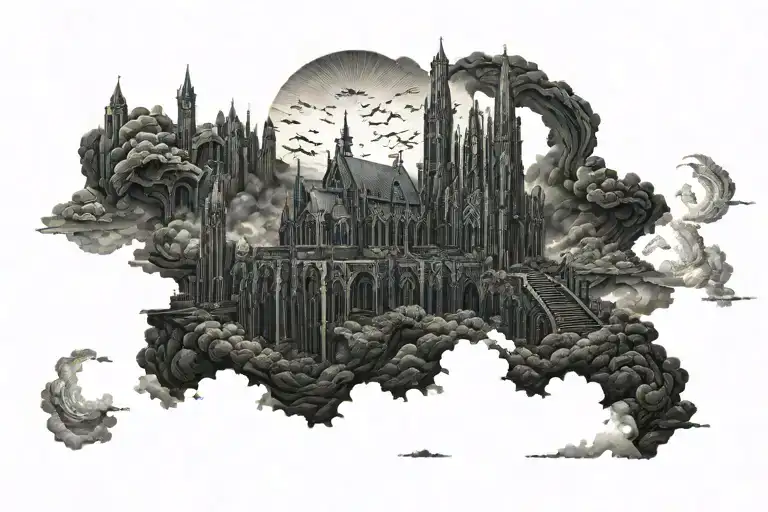 dark gothic catherdral in a hell scape  sitting on the clouds with a starcase leading to it tattoo design idea