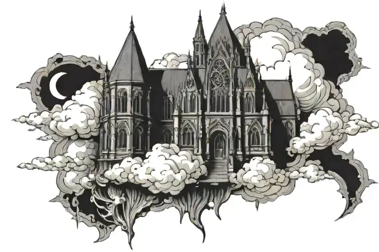 dark gothic catherdral sitting on the clouds with a starcase leading to it tattoo design idea