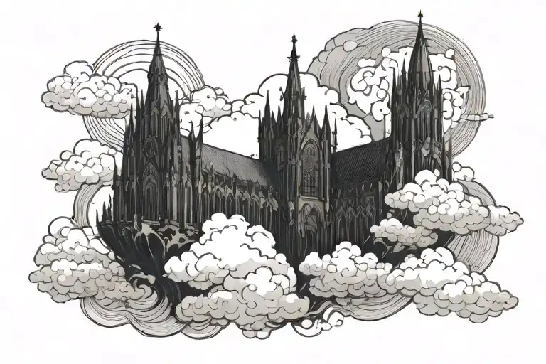 dark gothic catherdral sitting on the clouds with a starcase leading to it tattoo design idea