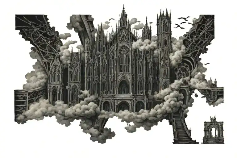 dark evil gothic cathedral in a hell scape  sitting on the clouds with a starcase leading to it tattoo design idea