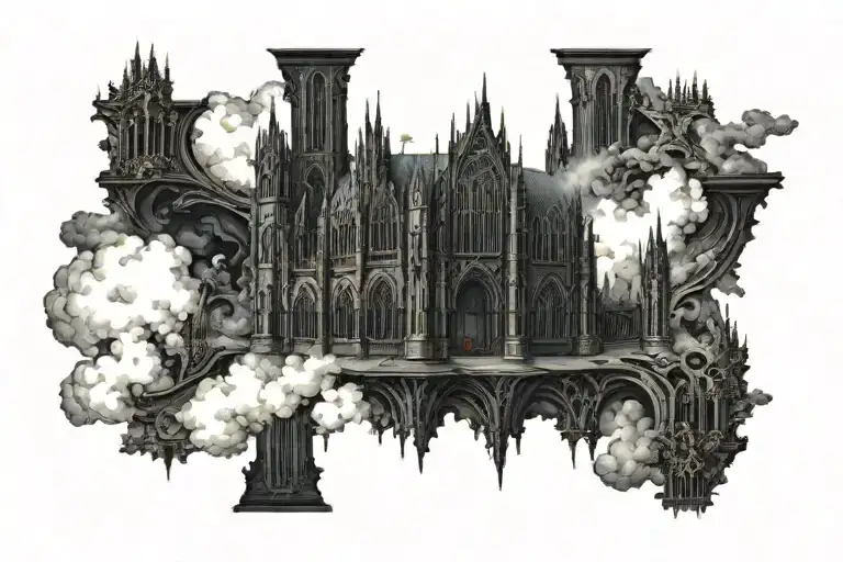 dark evil gothic cathedral in a hell scape  sitting on the clouds with a starcase leading to it tattoo design idea