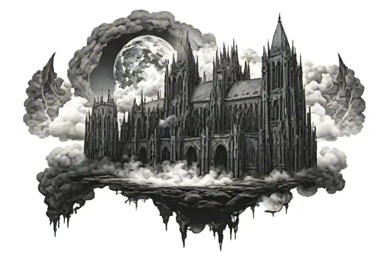dark evil gothic cathedral in a hell scape  sitting on the clouds with a starcase leading to it tattoo design idea