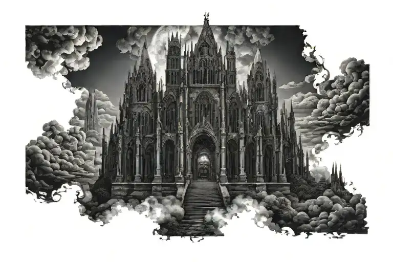 dark evil gothic cathedral in a hell scape  sitting on the clouds with a starcase leading to it tattoo design idea