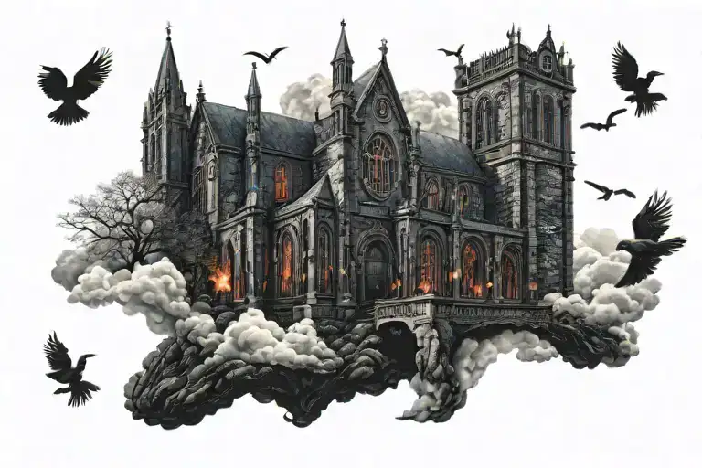 dark evil gothic church in a hell scape  sitting on the clouds with a starcase leading to it tattoo design idea