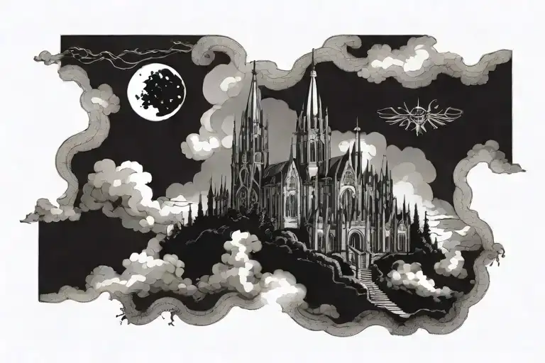 dark gothic catherdral sitting on the clouds with a starcase leading to it  tattoo design idea