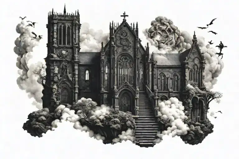 dark evil gothic church in a hell scape  sitting on the clouds with a starcase leading to it tattoo design idea