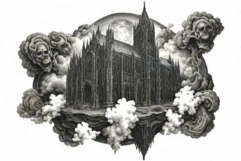 dark evil gothic cathedral in a hell scape  sitting on the clouds with a starcase leading to it tattoo design idea
