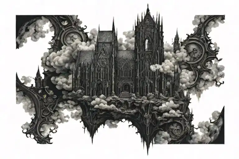 dark evil gothic cathedral in a hell scape  sitting on the clouds with a starcase leading to it tattoo design idea
