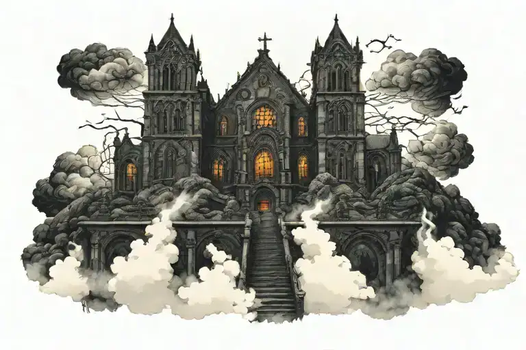 dark evil gothic church in a hell scape  sitting on the clouds with a starcase leading to it tattoo design idea