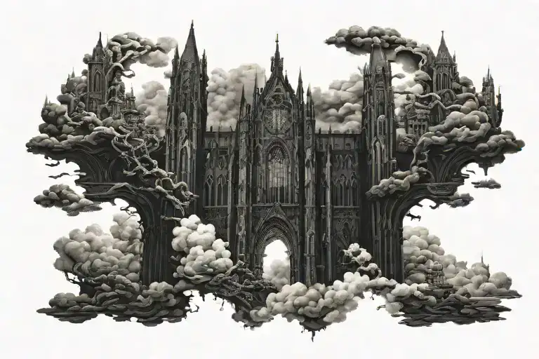 dark evil gothic cathedral in a hell scape  sitting on the clouds with a starcase leading to it tattoo design idea