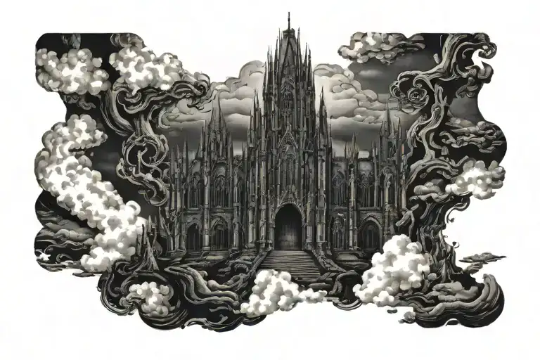 dark evil gothic cathedral in a hell scape  sitting on the clouds with a starcase leading to it tattoo design idea
