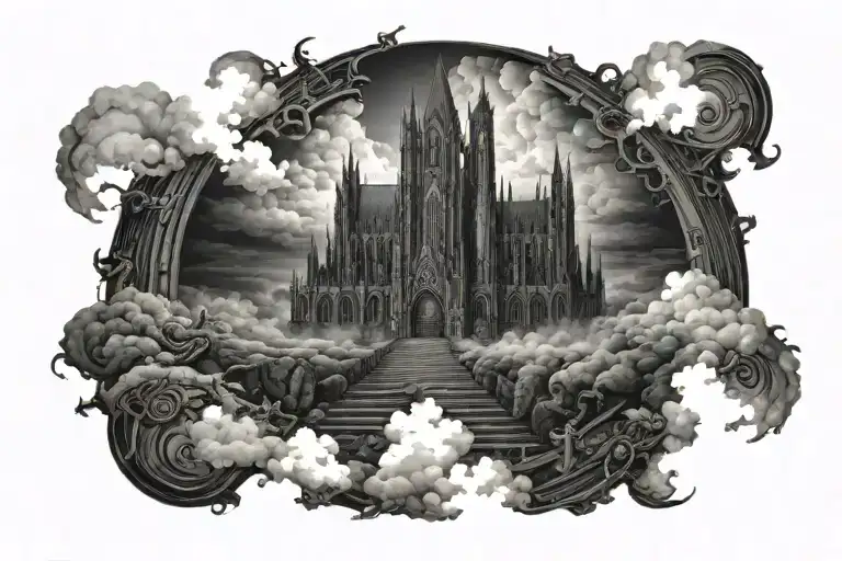dark evil gothic cathedral in a hell scape  sitting on the clouds with a starcase leading to it tattoo design idea