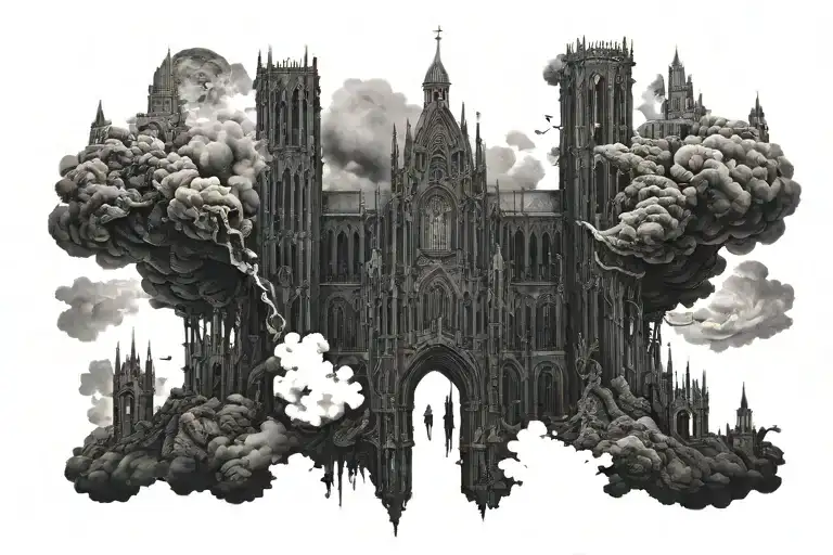 dark evil gothic cathedral in a hell scape  sitting on the clouds with a starcase leading to it tattoo design idea