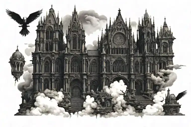 dark evil gothic cathedral in a hell scape  sitting on the clouds with a starcase leading to it tattoo design idea