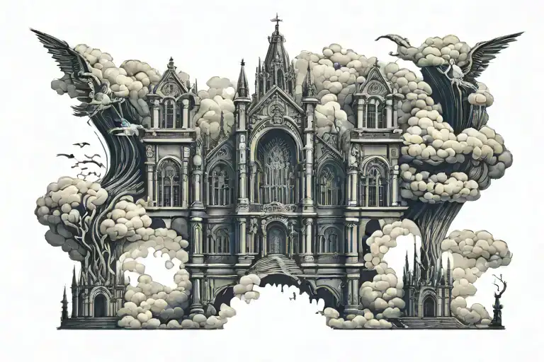 dark gothic catherdral in a hell scape  sitting on the clouds with a starcase leading to it tattoo design idea