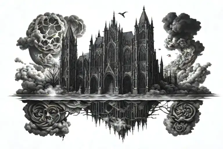 dark evil gothic cathedral in a hell scape  sitting on the clouds with a starcase leading to it tattoo design idea