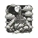 dark evil  gothic catherdral sitting on the clouds with a starcase leading to i tattoo design idea