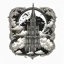 dark evil  gothic catherdral sitting on the clouds with a starcase leading to i tattoo design idea