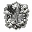 dark evil  gothic catherdral sitting on the clouds with a starcase leading to i tattoo design idea