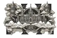 dark gothic catherdral in a hell scape  sitting on the clouds with a starcase leading to it tattoo design idea
