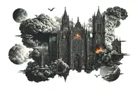 dark evil gothic cathedral in a hell scape  sitting on the clouds with a starcase leading to it tattoo design idea