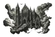 dark evil gothic cathedral in a hell scape  sitting on the clouds with a starcase leading to it tattoo design idea