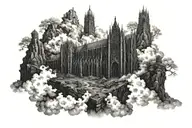 dark evil gothic cathedral in a hell scape  sitting on the clouds with a starcase leading to it tattoo design idea