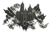 dark evil gothic cathedral in a hell scape  sitting on the clouds with a starcase leading to it tattoo design idea