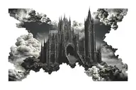 dark evil gothic cathedral in a hell scape  sitting on the clouds with a starcase leading to it tattoo design idea