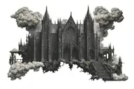 dark evil gothic cathedral in a hell scape  sitting on the clouds with a starcase leading to it tattoo design idea