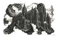 dark evil gothic cathedral in a hell scape  sitting on the clouds with a starcase leading to it tattoo design idea