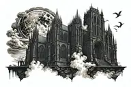 dark evil gothic cathedral in a hell scape  sitting on the clouds with a starcase leading to it tattoo design idea