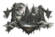 dark evil gothic cathedral in a hell scape  sitting on the clouds with a starcase leading to it tattoo design idea
