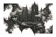 dark evil gothic cathedral in a hell scape  sitting on the clouds with a starcase leading to it tattoo design idea