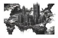 dark evil gothic cathedral in a hell scape  sitting on the clouds with a starcase leading to it tattoo design idea