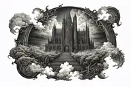 dark evil gothic cathedral in a hell scape  sitting on the clouds with a starcase leading to it tattoo design idea