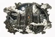 dark evil gothic cathedral in a hell scape  sitting on the clouds with a starcase leading to it tattoo design idea